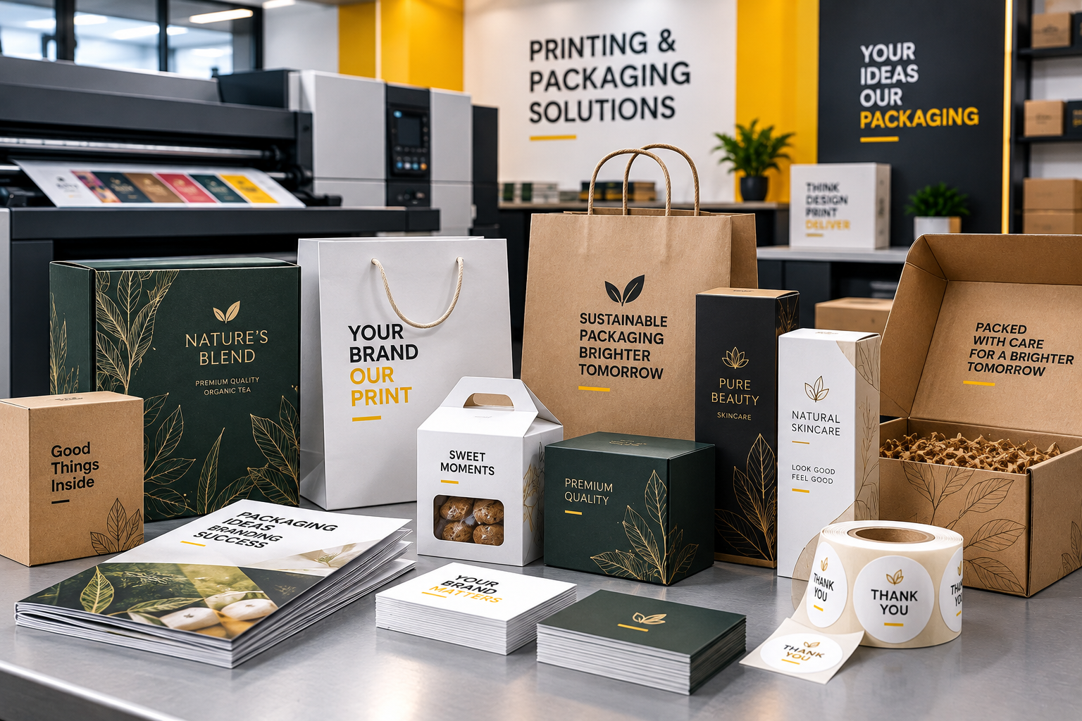 Custom printed packaging boxes, bags, labels, and promotional materials