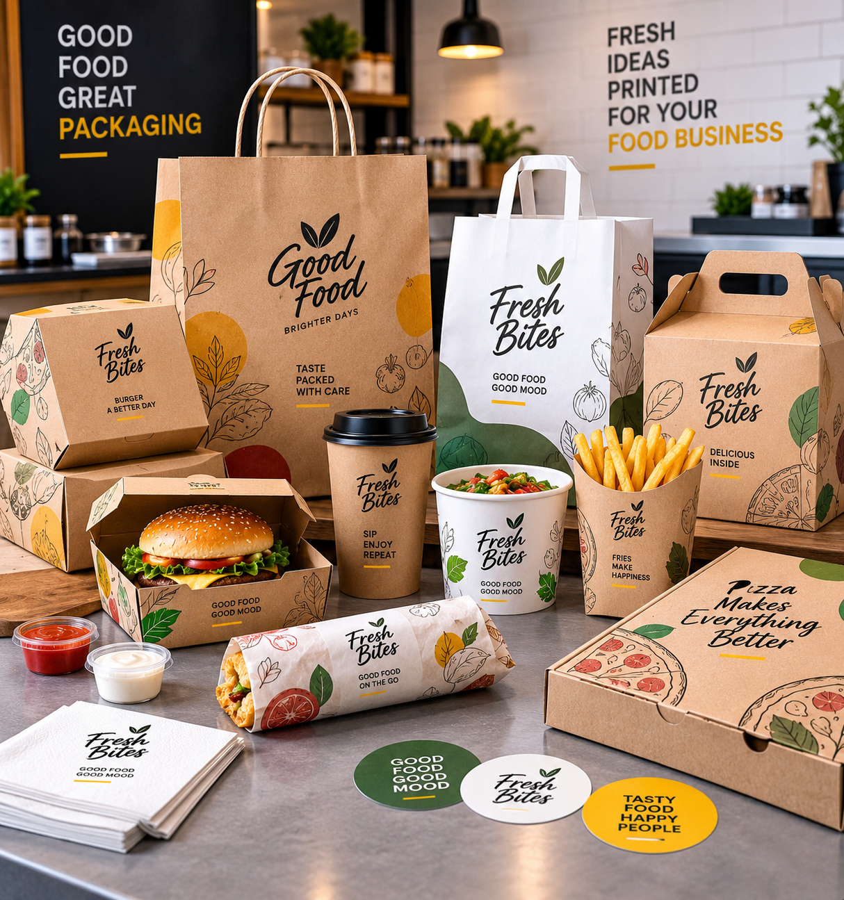 Custom printed food packaging including takeaway boxes, bags, cups, and food wraps