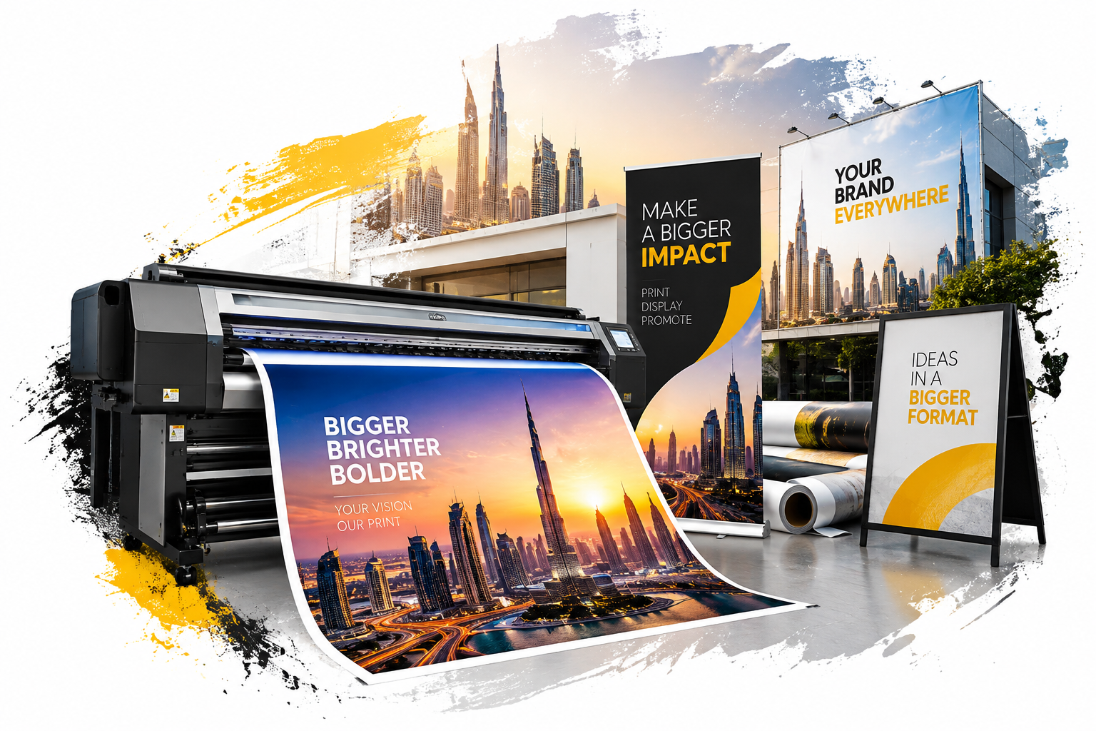 Large format printing machine producing a vibrant Dubai skyline banner with promotional displays