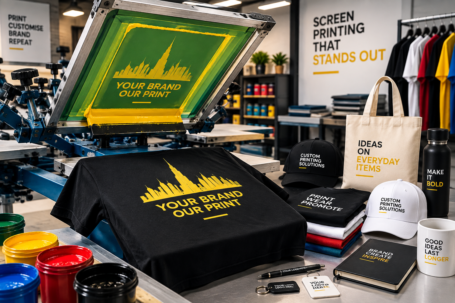 Screen printing press producing a bold custom design on a black T-shirt