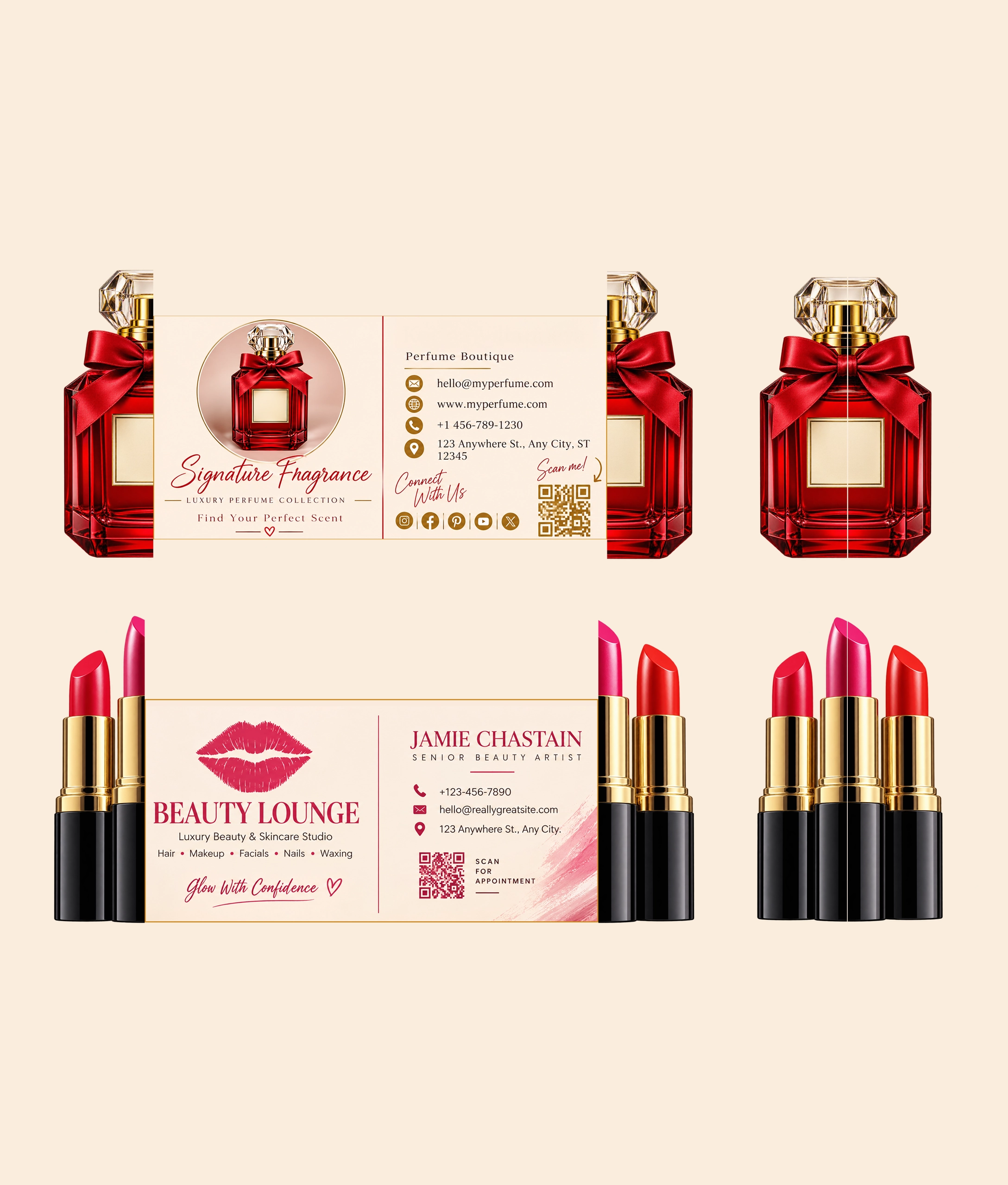 Creative die-cut business cards inspired by perfume and beauty products, designed to make your brand stand out.